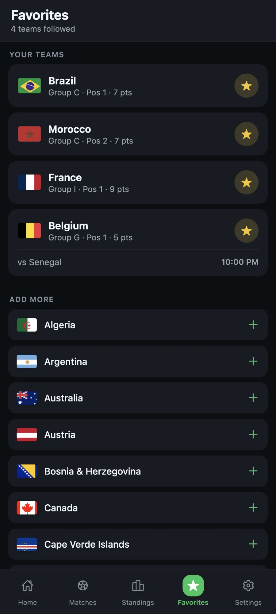 GoalTrack favorites feed with starred teams' matches at the top