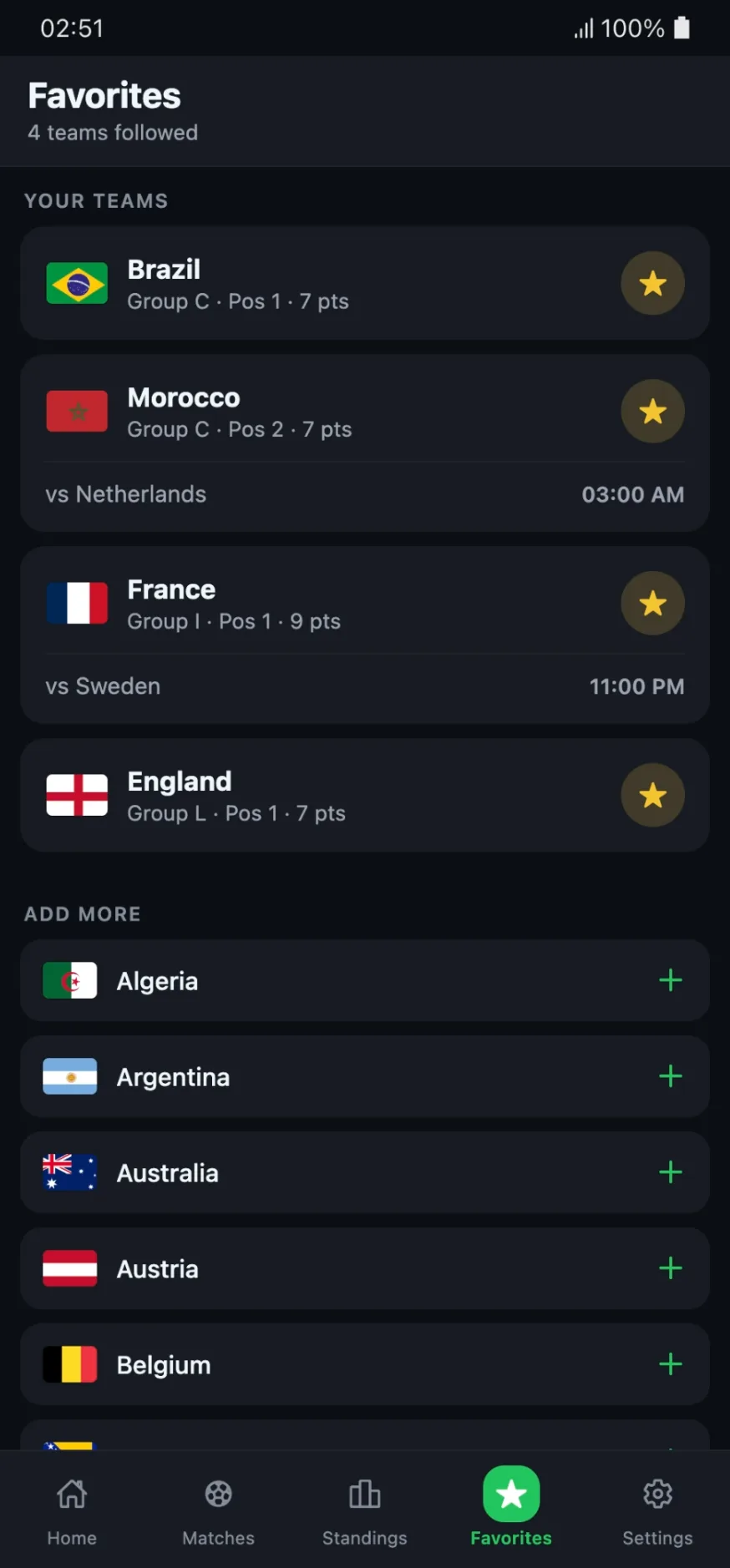 GoalTrack favorite teams feed