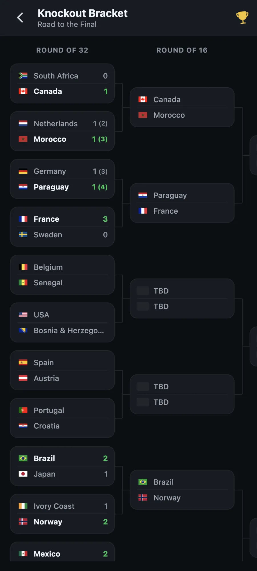 Knockout bracket in GoalTrack GoalTrack knockout bracket