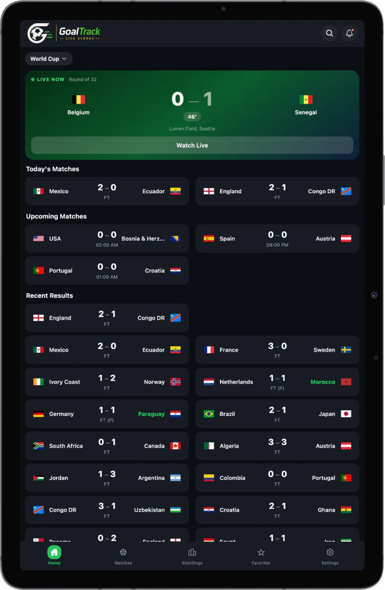 GoalTrack live World Cup football scores home screen on a tablet