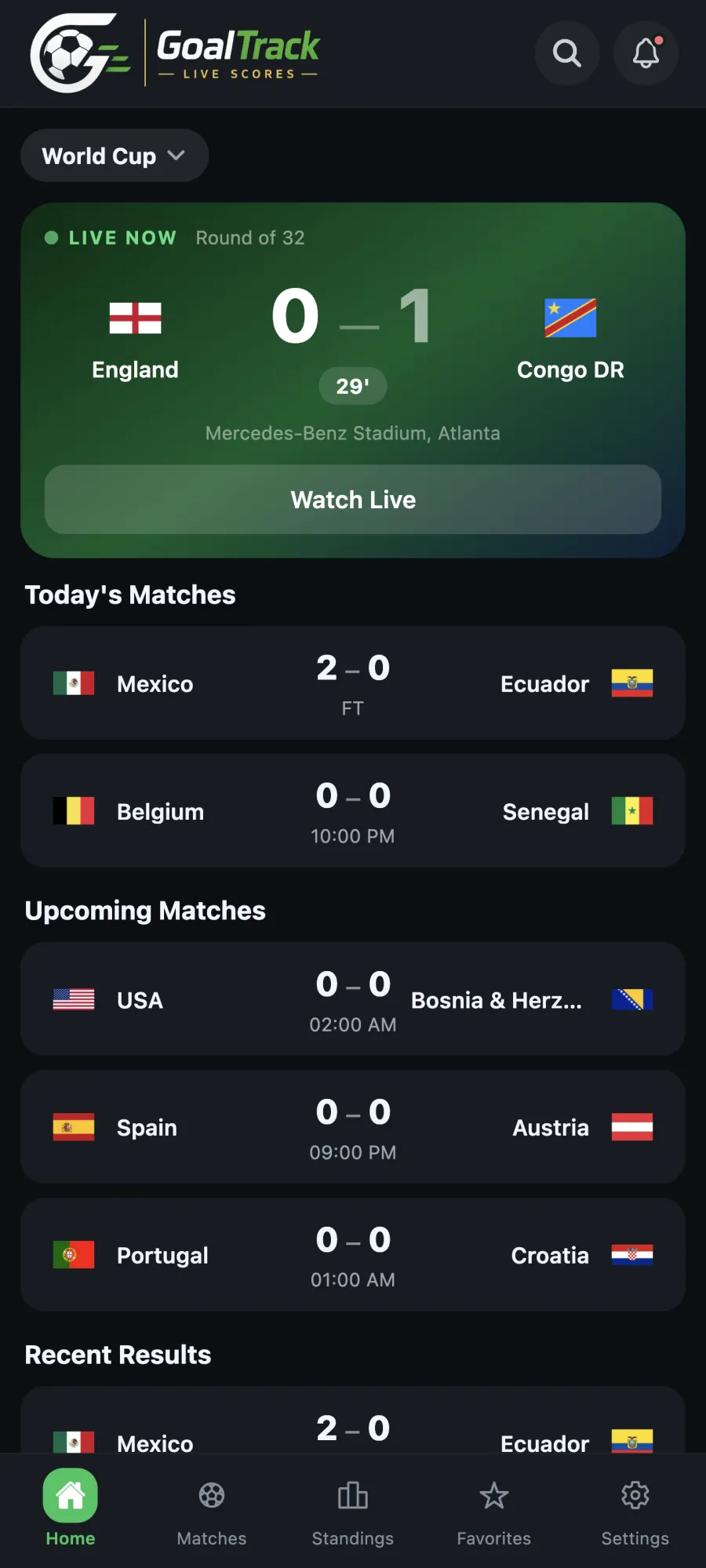 GoalTrack live football scores with goals, match status and the live minute