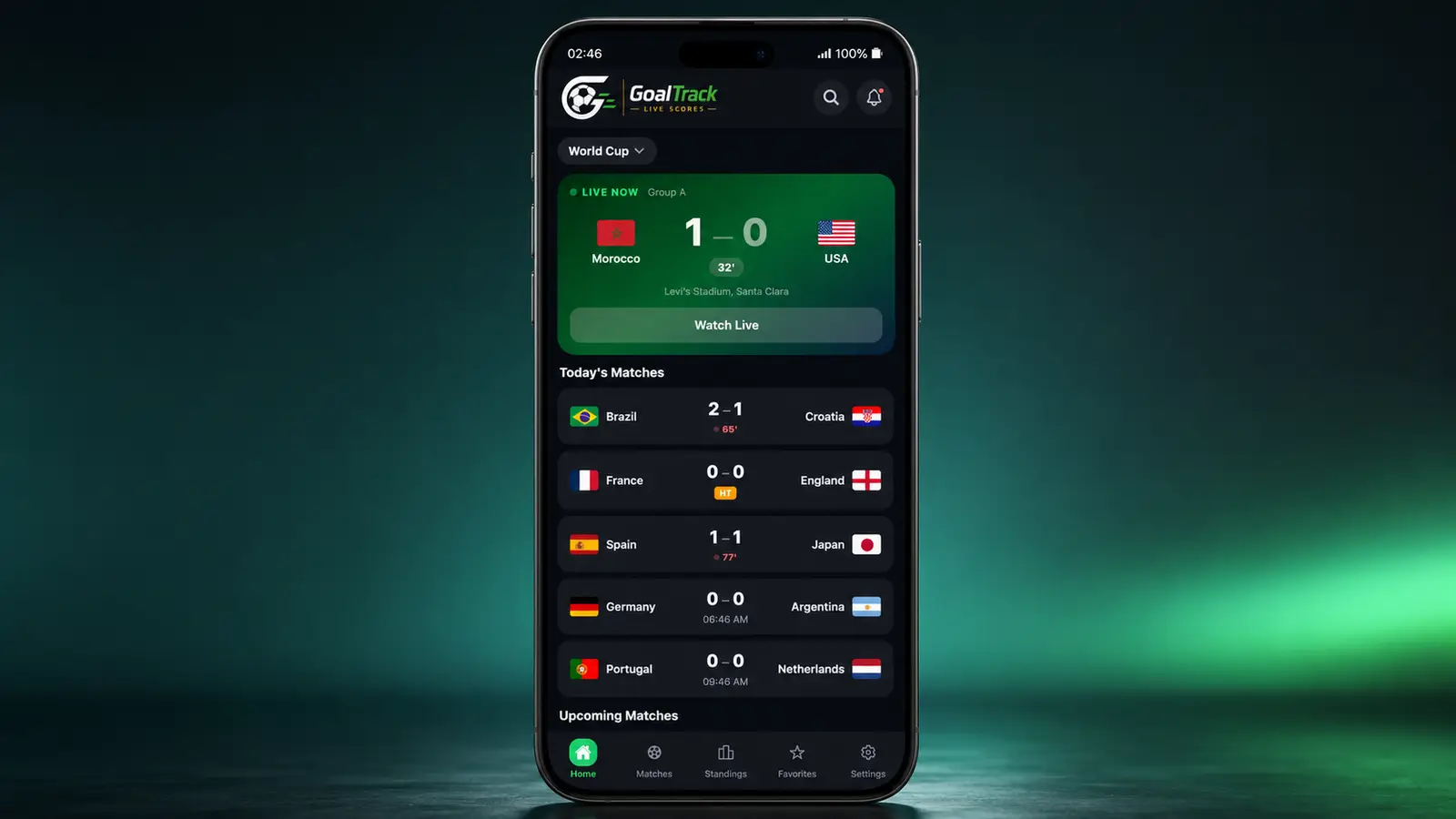 GoalTrack football app for Android GoalTrack football scores app running on an Android phone