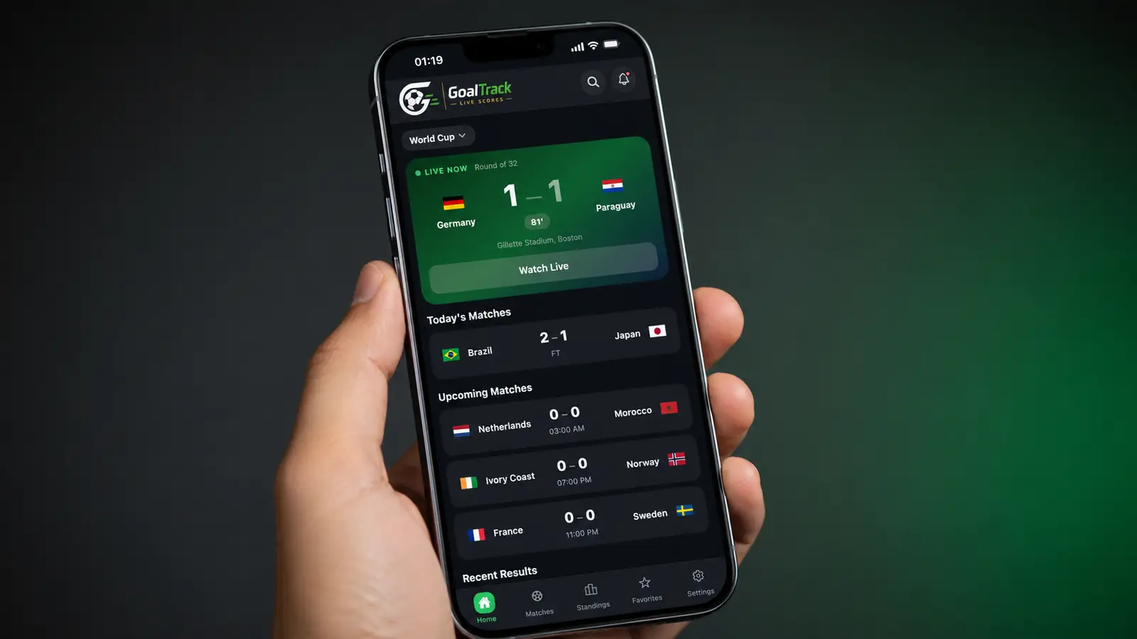 GoalTrack football app for iPhone GoalTrack football scores app running on an iPhone